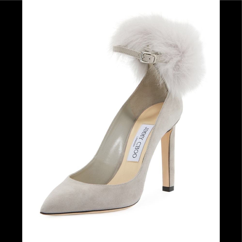 Jimmy Choo PomPom Heels Fur Grey Suede Ankle Strap NEW US 7 1/2